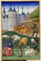 Bauernhoftiere und Dudelsackspieler. Miniatur aus „Der Rustican oder Buch des Land- und Landlebens“ von Pietro de Crescenzi, illuminiert vom Meister des Boccace von Genf, genannt Colin d