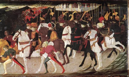 Decameron von Boccaccio: Geschichte von Alatiel, Tochter des Sultans von Babylon Beminedab, Detail mit Reitern und Pagen (7. Geschichte des zweiten Tages)