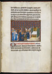 Cotton Tiberius B. VIII f.58r Der König empfängt das Zepter und die Virga („Main de la Justice“), aus „Das Krönungsbuch Karls V., König von Frankreich“