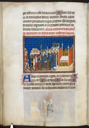 Cotton Tiberius B. VIII f.59v, Die Pairs von Frankreich halten die Krone, Illustration aus „Das Krönungsbuch Karls V., König von Frankreich“