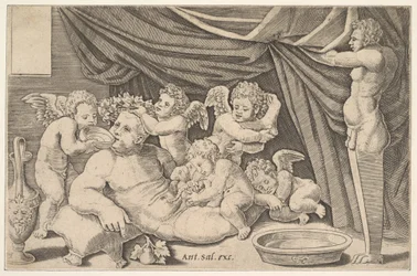 Bacchus umgeben von Putti, eine Statue des Priapus rechts, 1530-60