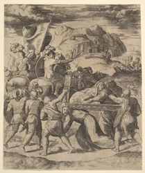 Christus trägt das Kreuz, umgeben von Soldaten, einige zu Pferd, 1530-60