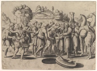 Joseph in der Mitte, von seinen Brüdern über einem Brunnen verkauft, Kamele rechts