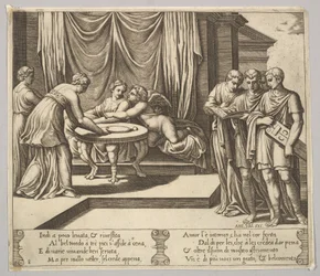 Tafel 8: Psyche sitzt an einem Tisch und wird von unsichtbaren Dienern bedient, Eros neben der g..., 1530-60