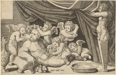 Speculum Romanae Magnificentiae: Bacchus umgeben von Putti mit Priapus haltend..., 16. Jahrhundert