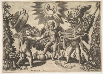 Zwei Putti präsentieren einem Putto in der Gestalt des Gottes des Reichtums goldgefüllte Becher