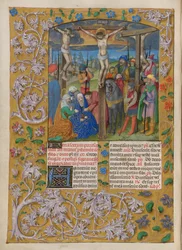 Temporale (1. Teil: vom ersten Adventssonntag bis Karsamstag). Die Kreuzigung (Karfreitag). Rand mit Blumendekoration. Zwei Textspalten mit zwei Initialen