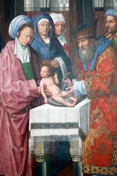 Evora Museum. Meister des Evora-Altarbildes. Die Beschneidung Christi. Öl auf Holz. Flämische Schule 1500. Portugal.