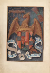 Stundenbuch der Königin Isabella der Katholischen, Königin von Spanien: Fol. 1v, Wappen und Mottos von Isabel la Católica