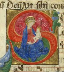 Manuskriptillumination mit der Jungfrau und dem Kind in einem Initial S, aus einem Antiphonar, Mitte des 15. Jahrhunderts