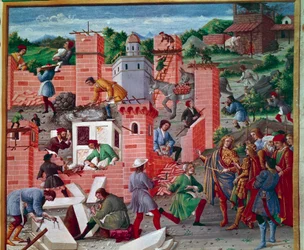 Der Bau der Stadt Rom. Zwillinge Romulus und Remus besuchen die Baustelle (Inspektion der Arbeiten und Fortschritte). Die Arbeiter sind bei der Arbeit: Maurer, Steinmetze, Träger, Marmor- und Zementarbeiter (Zementvorbereitung). Miniatur in „Romuleon“.