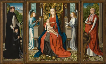 Triptychon der Madonna mit Kind und Engeln; Stifter und sein Schutzheiliger Petrus Märtyrer; und Heiliger Hieronymus