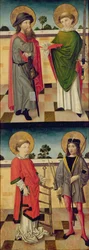 Oben: St. Jakob als Pilger und St. Matthäus mit einem Buch und einem Schwert; Unten: St. Laurentius mit einem Rost und St. Sebastian mit einem Bogen und Pfeil, Rückseite eines Panels von einem Altarbild
