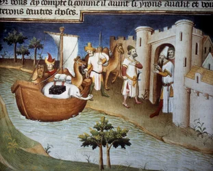 Die Polo-Brüder (einschließlich Marco Polo) kommen in Ormuz aus Indien auf einem Frachtschiff an. Miniatur in „Das Buch der Wunder“ („Devisement du monde“, „Il Milione“) (Ms. 2810, Folio 14v). Manuskript von Meister von Mazarine