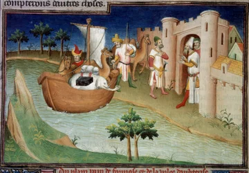 Die Polo-Brüder (einschließlich Marco Polo) kommen in Ormuz aus Indien auf einem Frachtschiff an. Miniatur in Das Buch der Wunder (Devisement du monde, Il Milione) (Ms. 2810, Folio 14v). Manuskript illuminiert vom Meister von Mazarine