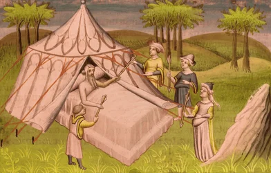 Der mongolische Herrscher Dschingis Khan gibt auf dem Sterbebett seinen Söhnen seine letzten Empfehlungen, um 1410
