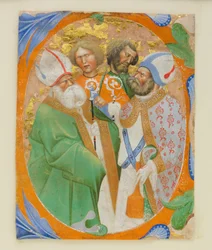 Manuskriptillumination mit vier Heiligen in einem Initial O, aus einem Chorbuch, 1440-50