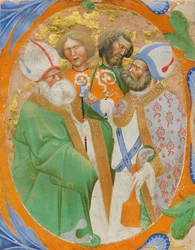 Manuskript-Illumination mit vier Heiligen in einem Initial O, aus einem Chorbuch, Italien