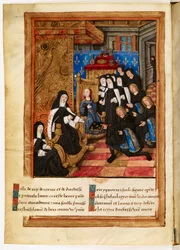 Gedenken und Warnung vor dem Tod (...) von Madame Anne (...) Herzogin der Bretagne (...): Miniatur der Widmung, die den Autor Pierre Choque zeigt, wie er sein Werk der Königin Anne de Bretagne übergibt, die Claude als ihre Erbin bestimmt.