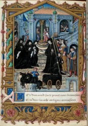 Darstellung der Königin von Navarra Margarita von Angouleme (1492-1549) umgeben von ihren Gefährten. Seite aus dem Manuskript La coche ou Debat d