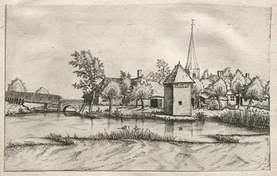 Ansichten von Dörfern in Brabant und Campine: Ein Dorf mit Wassergraben, um 1561