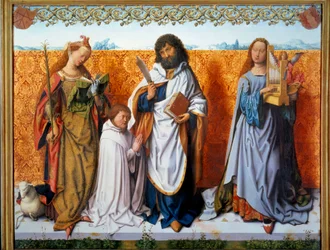 Zentraltafel des Altars von St. Bartholomäus: Heilige Agnes, Bartholomäus und Heilige Cäcilia mit einem Stifter