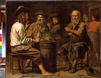 Bauern in einer Schenke. Drei Männer an einem Tisch trinken Wein und essen Käse, den ein junger Knabe auf einem Fass serviert. Gemälde von Mathieu Le Nain (1607-1677), um 1640. Eremitage, Sankt Petersburg