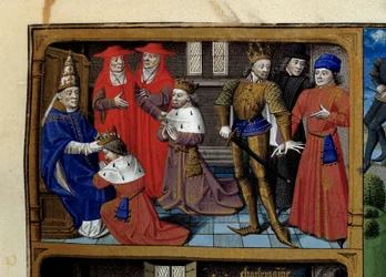 Szenen aus dem Leben Karls des Großen (742-814), König der Franken: die Krönung durch Papst Leo III. Miniatur aus der Handschrift „Speculum historiale“ (Der Geschichtsspiegel) von Vinzenz von Beauvais (1184/94-1264), illuminiert vom Meister François (15)