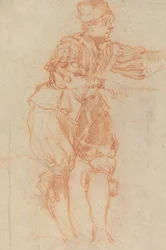 Mann, der sich auf ein Geländer lehnt (verso)