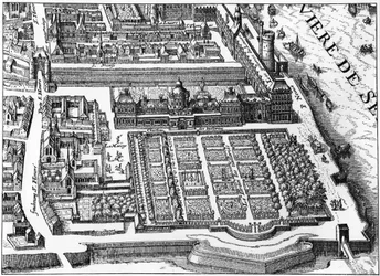 Paris: Der Palast und Garten der Tuilerien im Jahr 1615, Faksimile von Mathieu Merians Plan.