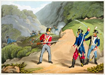 Ein britischer Soldat nimmt zwei französische Offiziere in der Schlacht der Pyrenäen gefangen, 1813-1816