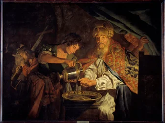 Pontius Pilatus (Pontius Pilatius) wäscht seine Hände. Pontius Pilatus (10 v. Chr.-39 n. Chr.), Präfekt von Judäa, hält es für zwecklos, Jesus Christus zu verurteilen, und wäscht seine Hände, um seine Ablehnung zu bekunden