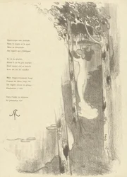 Illustration mit stehender nackter Frau zwischen Bäumen bei einem See bei Gedicht Petit Air von Stéphane Mallarmé (L
