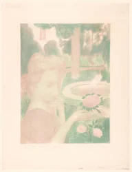 Junge Frau erhält Blumenstrauß in einem Garten