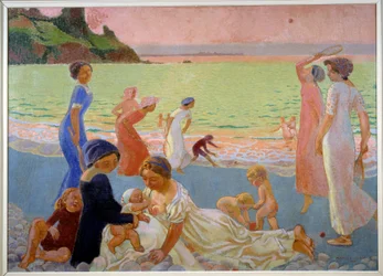 Septemberabend. Junge Frauen und Kinder am Strand am Ende des Tages, eine Mutter stillt, andere spielen Federball, 1911 (Öl auf Leinwand)