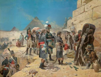 Napoleon Bonaparte vor den Pyramiden, die Mumie eines Königs betrachtend, in der Landschaft Ägyptens