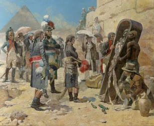 Napoleon Bonaparte vor den Pyramiden, die Mumie eines Königs betrachtend, auf dem Land in Ägypten