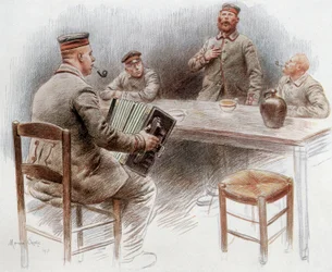 Gefangene spielen Akkordeon und singen im Gefangenenlager in Dinan