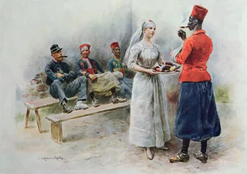 Die Lieblingskrankenschwester mit Zouaven und Soldaten während des Ersten Weltkriegs, 1915