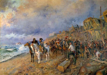 Der Erste Konsul Napoleon Bonaparte (1769-1821) besucht das Arsenal von Boulogne. Gemälde von Maurice Orange (1868-1916) 1804