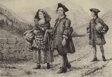 Jean-Jacques Rousseau auf der Straße mit zwei Begleitern
