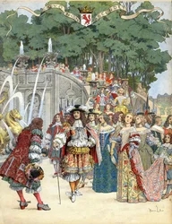 Nicolas Fouquet empfängt den englischen König Ludwig XIV. in seinem Schloss Vaux-le-Vicomte, Frankreich, 17. August