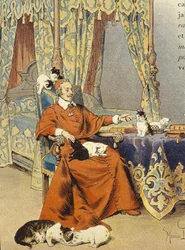 Der Kardinal spielt mit seinen Katzen, die er besonders liebte - in „Richelieu“ von Maurice Leloir, Anfang 20. Jahrhundert