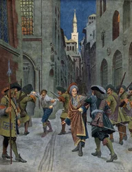 Spanischer Erbfolgekrieg: Die Gefangennahme von François de Neufville de Villeroy (1644-1730) während der Eroberung von Cremona durch die Truppen von Prinz Eugen (Eugen Franz von Savoyen) im Jahr 1702. Chromotypographie in „Le Roy Soleil“