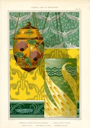 Jugendstil-Dekorationsobjekte mit Pfau, Schmetterlingen und Tauben (Litho)