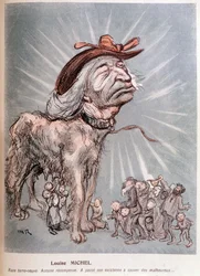 Karikatur von Louise Michel als Hund „Rasse Neufundländer, keine Belohnung, verbrachte ihr Leben damit, die Unglücklichen zu retten.“