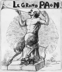 Der große Pfau, Karikatur von Maurice Radiguet auf den französischen Schriftsteller Edmond Rostand (1868-1918)