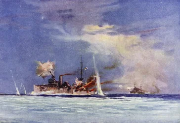 HMAS Sydney, kommandiert von Kapitän John Glossop, greift den deutschen Kreuzer Emden an, Schlacht von Cocos, 9. November 1914