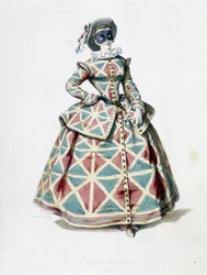 Harlekin-Kostüm und Maske im Jahr 1855, weibliche Figur des Harlekin in der Commedia dell
