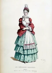 Kostüm von Madelon in dem Stück „Les précieuses ridicules“ von Molière, illustriert von Maurice Sand, 1868